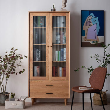 Elegant Brown Cherry and Paulownia Wood Cabinet with Glass and Metal Accents fyx - 857MUTUKISPACE