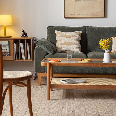 Elegant Cherry Wood Coffee Table with Tempered Glass and Stylish Rattan Detailing fyx - 869MUTUKISPACE