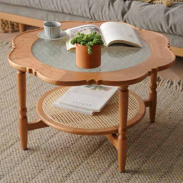 Elegant Cherry Wood & Glass Coffee Table with Rattan Accents - Perfect for Any Room fyx - 876MUTUKISPACE
