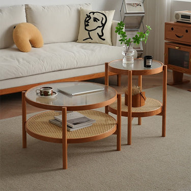 Elegant Cherry Wood and Glass Coffee Table with Stylish Rattan Accents fyx - 880MUTUKISPACE
