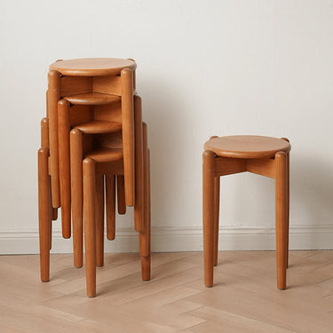 Elegant Oak Wood Stool with Light Grey Cushion - Natural and Comfortable Seating fyx - 891MUTUKISPACE