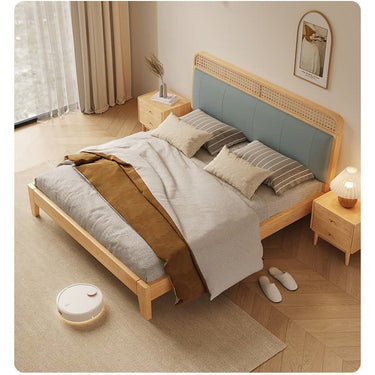Stylish Blue and Yellow Synthetic Leather Bed with Pine and Oak Wood Elements hbzwg - 636MUTUKISPACE