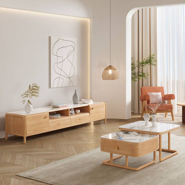 Modern TV Cabinet with White Sintered Stone and Oak Wood Accents hbzwg - 640MUTUKISPACE
