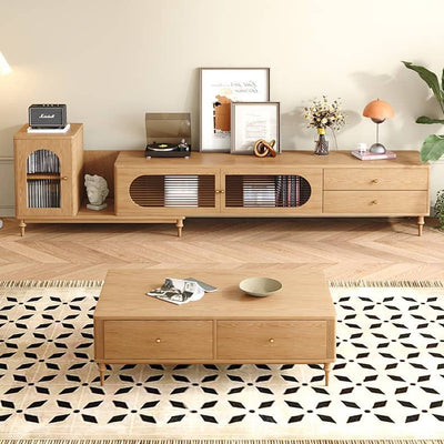 Brown Oak & Pine TV Cabinet with Glass Doors and Metal Accents