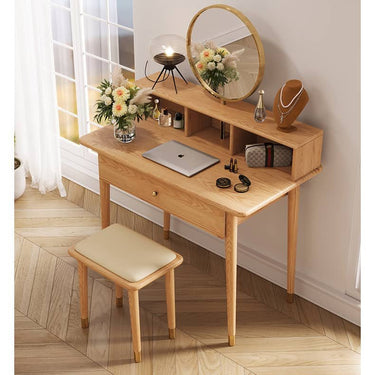 Elegant Oak Wood and Metal Vanity Table with Glass Top hbzwg - 652MUTUKISPACE