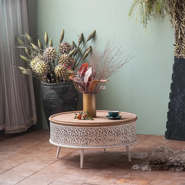 Round Pine Tea Table with Intricate Carved Design - Stylish and Elegant Centerpiece hdst - 4301MUTUKISPACE