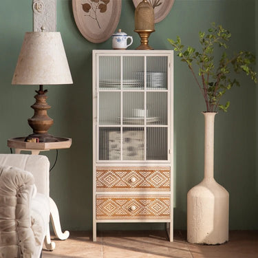 Stylish Display Cabinet with Glass Doors - Elegant Storage Solution with Intricate Detailing hdst - 4314MUTUKISPACE