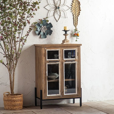 Charming Rustic Pine Glass Display Cabinet with Vintage Appeal hdst - 4315MUTUKISPACE