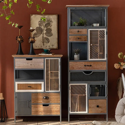 Rustic Charm Multi-Tier Cabinet with Sleek Metal Design