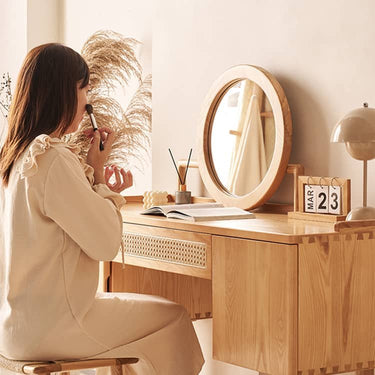 Elegant Natural Ash Wood Makeup Vanity with Rattan Accents and Glass Top hjhms - 1039MUTUKISPACE