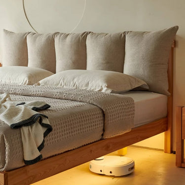 Elegant Dark Beige Bed with Natural Ash and Pine Wood Frame - Cotton - Linen Upholstery hjhms - 1047MUTUKISPACE