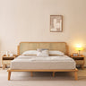 Handcrafted Ash Wood Bed with Elegant Rattan Headboard - Natural Finish hjhms - 1562MUTUKISPACE