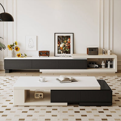 Stylish Modern TV Cabinet in White & Black with Sintered Stone and Pine Wood