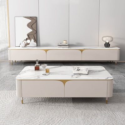 White & Beige Sintered Stone Coffee Table with Pine and Solid Wood Finish