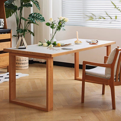 Stylish White Table with Black Marble & Cherry Wood Accents - Natural Elegance for Modern Spaces