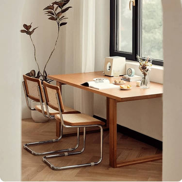 Stylish Cherry Wood and Rattan Chair with Faux Leather Cushion and Stainless Steel Frame hldmz - 721MUTUKISPACE