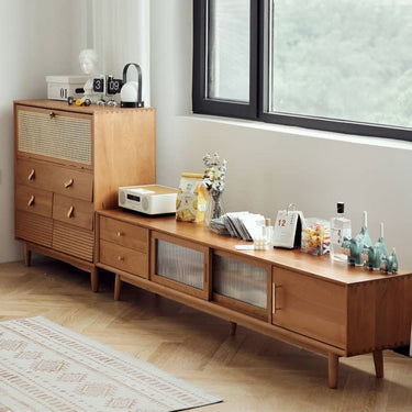 Stylish TV Cabinet - Natural Cherry Wood, Beech, Metal, and Glass Finish hldmz - 727MUTUKISPACE