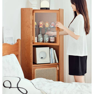 Elegant Cherry Wood Cabinet with Rattan Accents and Glass Doors hldmz - 732MUTUKISPACE