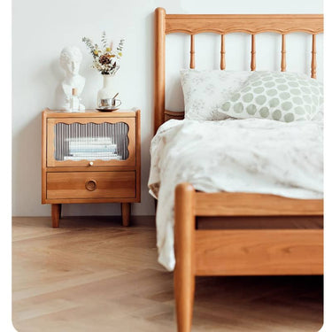Elegant Bedside Cupboard in Cherry Wood Finish with Glass and Copper Accents hldmz - 736MUTUKISPACE
