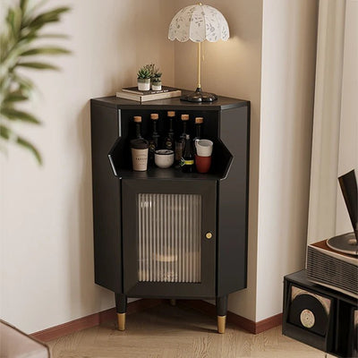 Stylish Black Pine Glass Corner Cabinet – Modern Home Bar Storage Solution