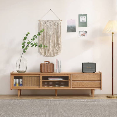 Stylish Oak Wood TV Cabinet with Glass Doors - Natural Finish hmzj - 808MUTUKISPACE