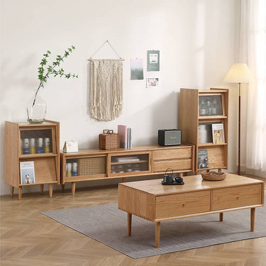 Stylish Oak Wood TV Cabinet with Glass Doors - Natural Finish hmzj - 808MUTUKISPACE