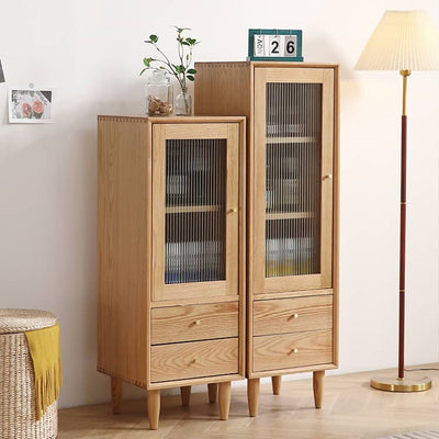 Elegant Oak Wood Cabinet with Glass Doors and Copper Metal Accents – Stylish Home Storage Solution hmzj - 813MUTUKISPACE