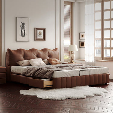 Luxurious Dark Brown Faux Leather Bed with Light Grey and Beige Accents - Elegant Khaki and Orange Detailing - Modern Black Design hmzsh - 1545MUTUKISPACE