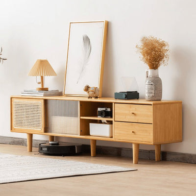 Stylish Natural Wood TV Cabinet with Bamboo Shelves, Durable ABS Resin, and Glass Doors hsl - 80MUTUKISPACE