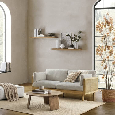 Stylish Grey Sofa with Natural Wood and Black Ash Accents – Rattan and Cotton Linen Blend htzm - 1504MUTUKISPACE