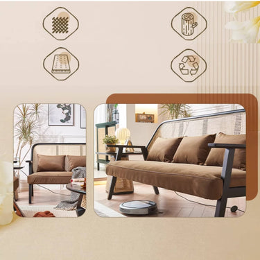 Elegant Dark Brown Ash Wood Sofa with Intricate Rattan Detailing htzm - 1514MUTUKISPACE
