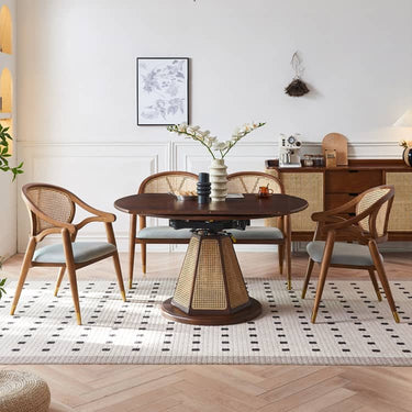 Elegant Brown Ash Wood Table with Rattan Accents and Cotton Linen Blend htzm - 1520MUTUKISPACE