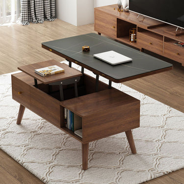 Elegant Solid Wood & Sintered Stone Coffee Table - Brown, White & Black Design hx - 1566MUTUKISPACE