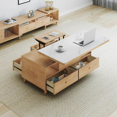 Elegant White Oak Solid Wood Coffee Table with Sintered Stone Top - Natural Finish hx - 1568MUTUKISPACE