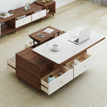 Elegant Solid Wood Coffee Table with Sintered Stone Top - Brown, White & Black hx - 1569MUTUKISPACE