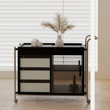 Sleek Stainless Steel Cart with Tempered Glass Shelves and Faux Leather Accents hxj - 2706MUTUKISPACE