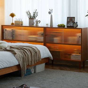 Elegant Brown Cherry Wood Cabinet with Black Walnut Tempered Glass Doors hykmq - 760MUTUKISPACE