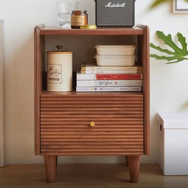 Elegant Brown Black Walnut Bedside Cupboard with Copper Accents - Stylish Storage Solution hykmq - 778MUTUKISPACE