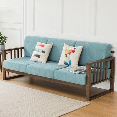 Stylish Dark Brown Sofa with Natural Oak Wood Accents in Grey, Beige, Pink, Yellow, and Light Blue Options hym - 1531MUTUKISPACE