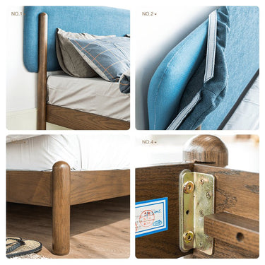 Stylish Natural Wood Bed Frame in Gray, Blue, or Brown - Oak and Pine with Cotton - Ramie Fabric Options hym - 477MUTUKISPACE