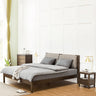 Stylish Bed with Natural Oak, Pine & Cotton - Ramie Upholstery – Elegant Brown, Off White & Gray Finish hym - 630MUTUKISPACE