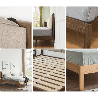Stylish Bed with Natural Oak, Pine & Cotton - Ramie Upholstery – Elegant Brown, Off White & Gray Finish hym - 630MUTUKISPACE