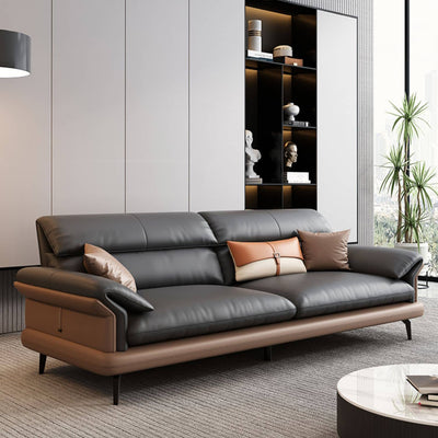 Modern Pine Wood Sofa with Black, Light Brown, Beige & Orange Faux Leather and Cotton Down Cushions hzh - 1351MUTUKISPACE