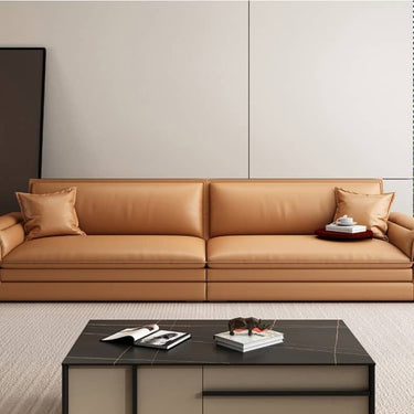 Modern Orange Sofa with Pine Wood Frame, Cotton Down Cushions, and Faux Leather Accents hzh - 1353MUTUKISPACE