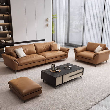 Stylish Pine Wood Sofa with Orange Cotton Blend and Luxurious Faux Leather Accents hzh - 1356MUTUKISPACE