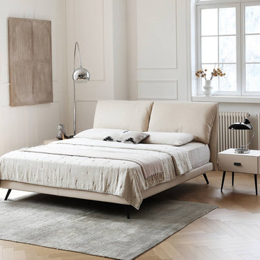 Luxurious Off - White Pine Bed with Premium Leather and Down Upholstery my - 380MUTUKISPACE