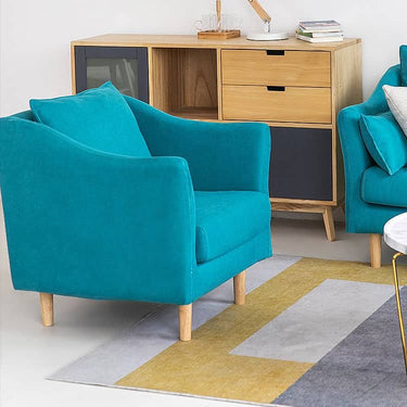 Stylish Mint Green & Yellow Cotton Sofa with Dark Wood Accents - Perfect for Modern Living Room Decor qm - 7MUTUKISPACE