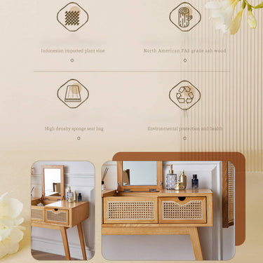 Elegant Natural Wood Makeup Vanity with Rattan and Ash Wood Accents, Glass Top tzm - 525MUTUKISPACE