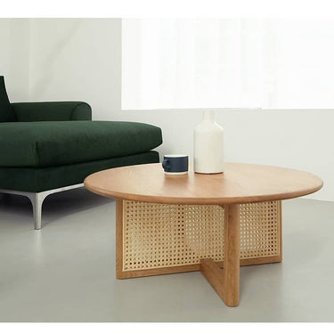 Natural Oak Wood Coffee Table with Rattan Accents: Timeless Elegance for Your Living Room tzm - 527MUTUKISPACE