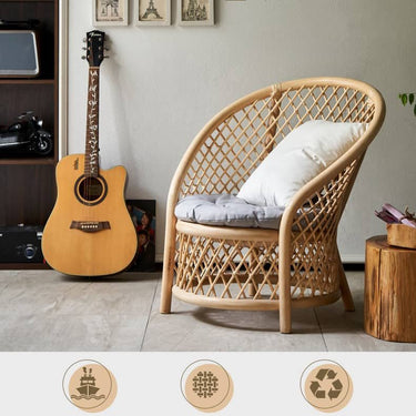 Elegant Rattan Chair with Natural Wood Finish and Plush Cotton - Ramie Cushion tzm - 530MUTUKISPACE